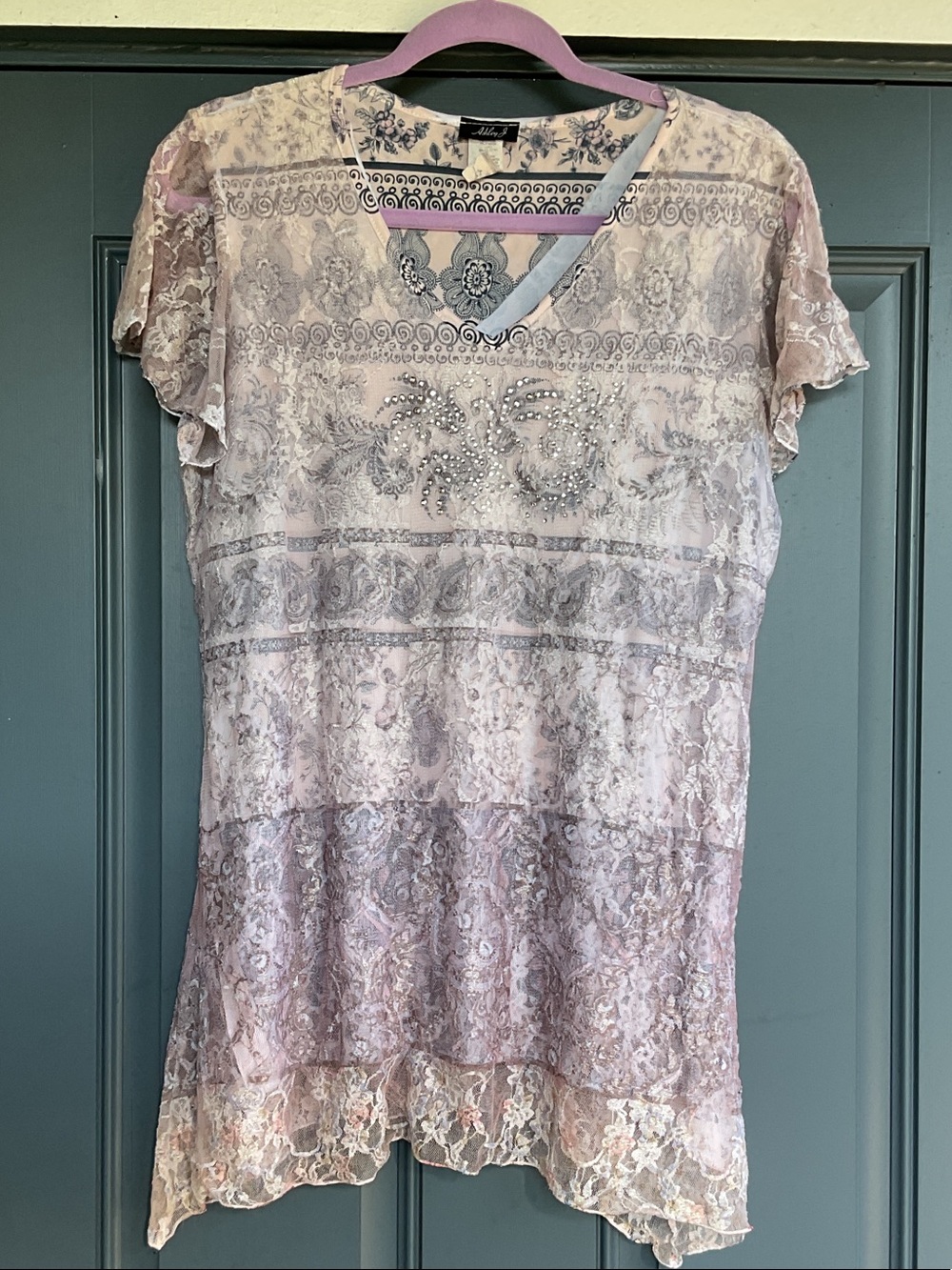 Ashley J Lavender and Pink Lace Tunic with Rhinestone Accents, Size L